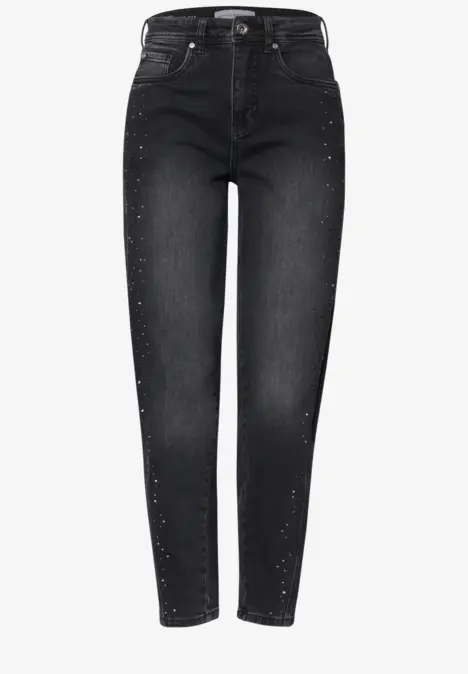 Schwarze, hoch taillierte Skinny-Jeans mit dezenten Nieten entlang der Außennähte.