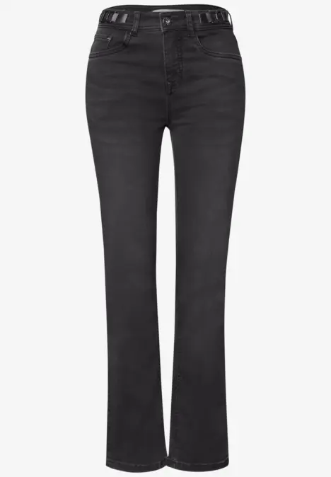 Schwarze Jeans mit geradem, leicht ausgestelltem Bein und hoher Taille.