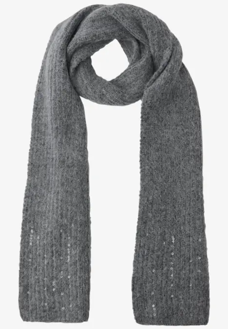 Grauer, gestrickter Schal mit dezentem Glitzer, lang und weich.
