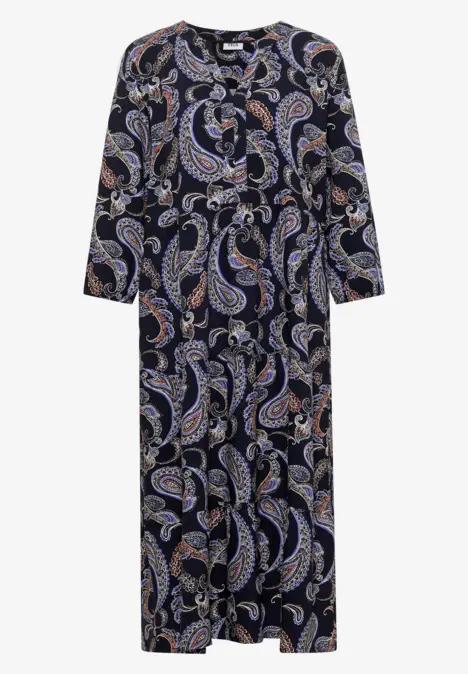 Robe longue bleu foncé à manches 3/4 avec imprimé cachemire coloré.