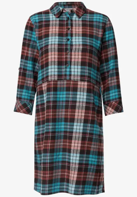 Robe chemise à carreaux rouges, noires et turquoise, manches 3/4