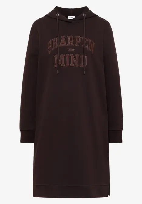 Robe-sweat à capuche marron, longueur genou, manches longues et imprimé 'SHARPEN MIND!' devant