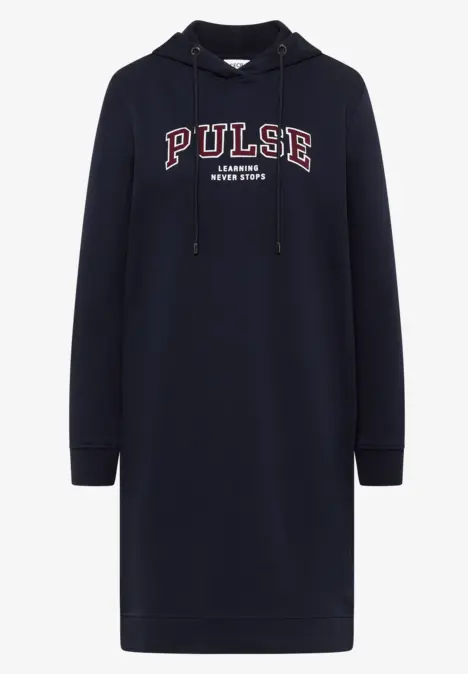 Robe-pull à capuche bleu marine avec l'inscription 'PULSE' en rouge sur le devant.
