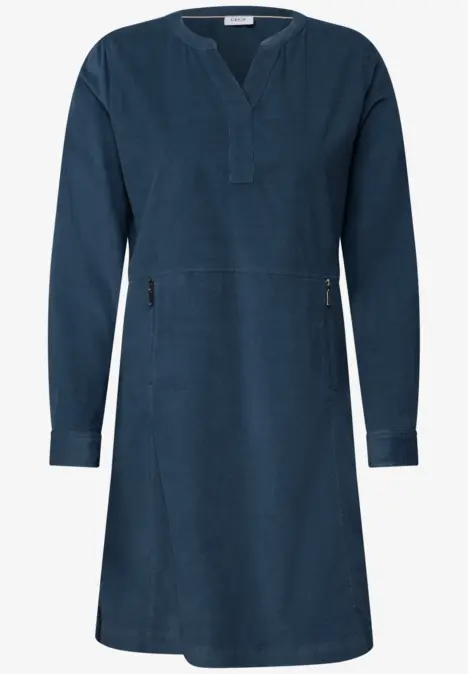 Robe décontractée bleue, manches longues, encolure en V et poches zippées, longueur genou.