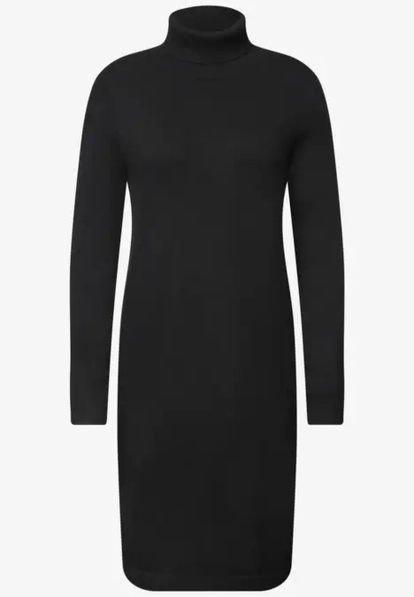 Robe pull noire à col roulé, manches longues, longueur genou.