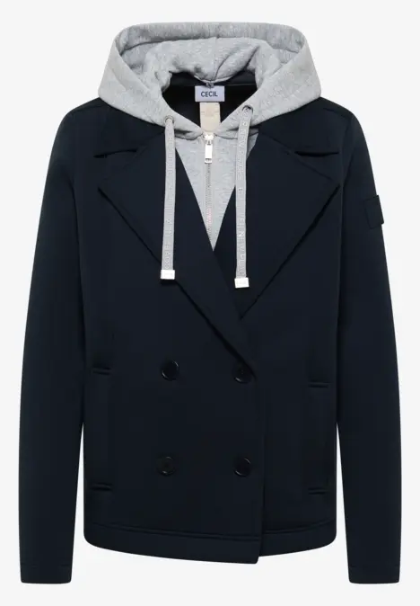 Elegante Herren-Jacke mit doppelreihigem Blazer-Schnitt und kapuzenähnlichem Innenfutter.