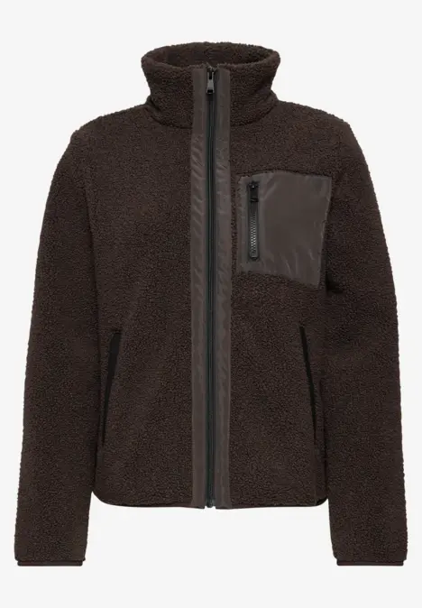 Braune Teddy-Fleecejacke mit Stehkragen, durchgehendem Reißverschluss und Brusttasche