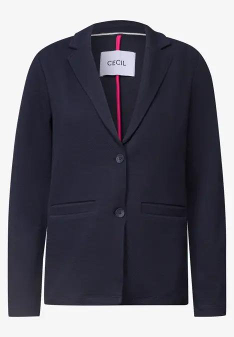Veste bleu marine à deux boutons, col à revers et poches latérales.