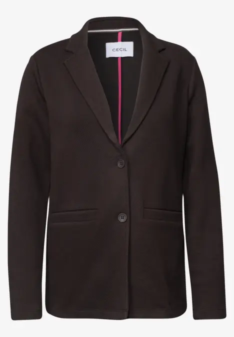 Veste blazer noire pour femme à col cranté, deux boutons et deux poches avant.