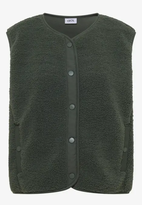 Veste sans manches en polaire vert foncé, douce, avec boutons pression et col rond.