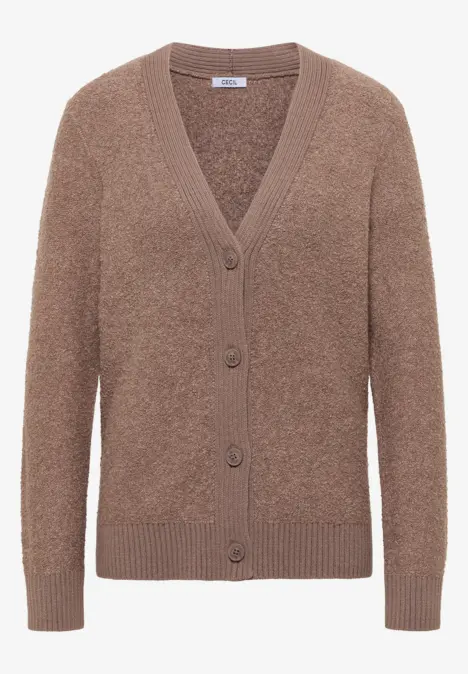 Braune Strickjacke mit Knopfleiste und V-Ausschnitt.