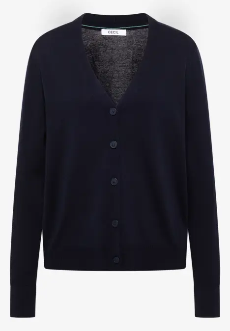 Cardigan en maille bleu marine à col en V, manches longues et fermeture boutonnée, coupe simple.
