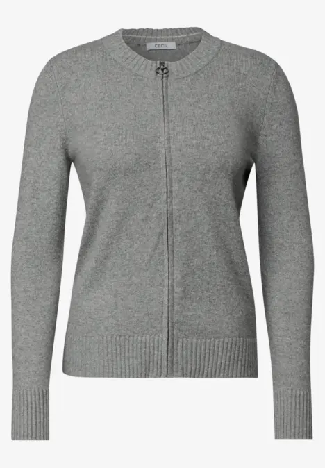 Graue Damen-Strickjacke mit Reißverschluss und Rundhalsausschnitt.