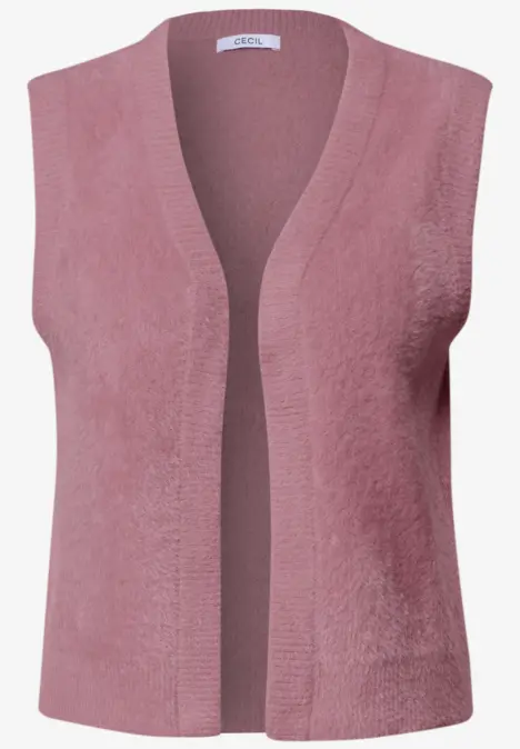 Gilet sans manches en maille rose à ouverture libre sur le devant.