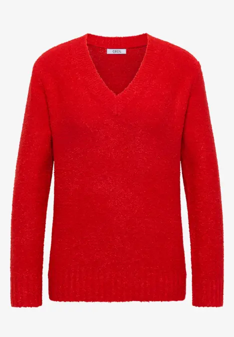 Roter V-Ausschnitt-Pullover aus flauschigem Material mit langen Ärmeln.
