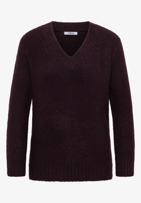 Dunkellila Strickpullover mit V-Ausschnitt und langen Ärmeln.