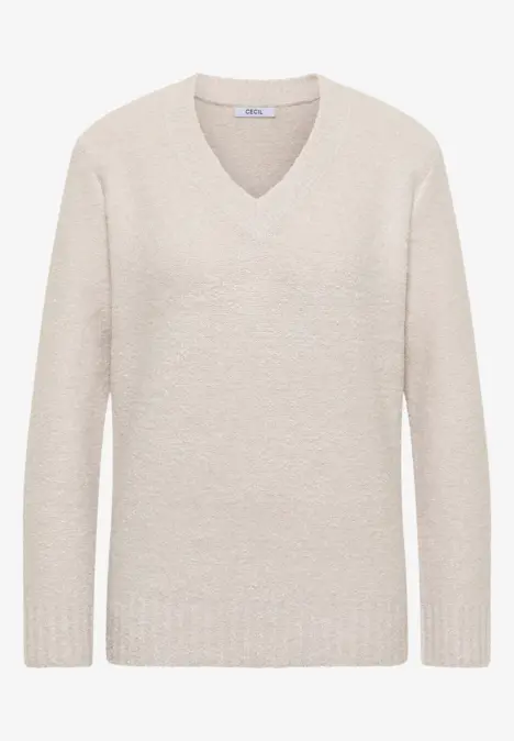 Beiger V-Ausschnitt-Pullover mit Rippbündchen an Ärmeln und Saum.