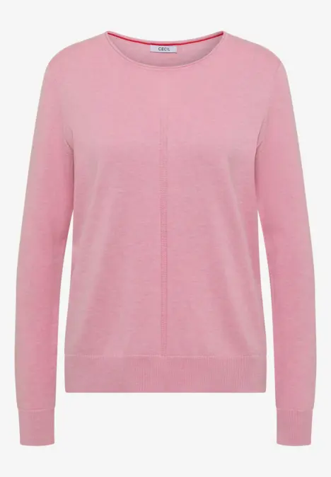 Pull rose à manches longues pour femmes, maille fine et couture centrale.