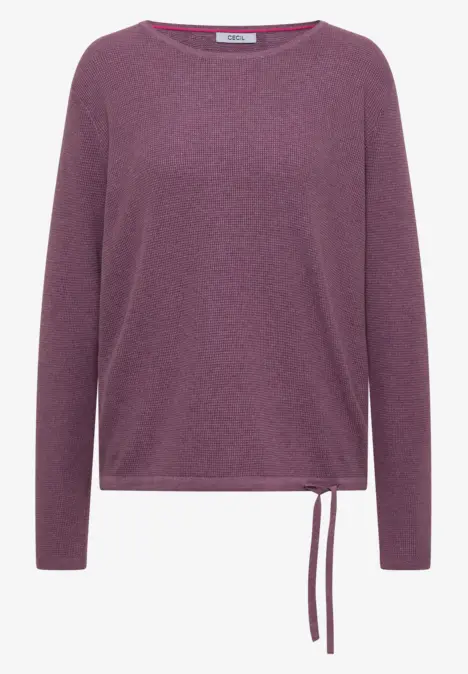 Pull violet à manches longues, encolure ronde et cordon de serrage au bas.