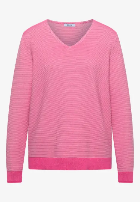 Pull rose à col en V en matière douce, manches longues