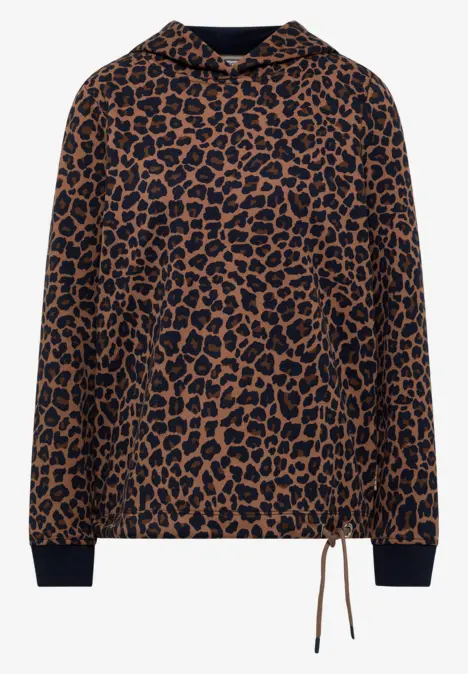 Sweat à capuche brun à motif léopard noir, poches kangourou, cordon de serrage et poignets côtelés.