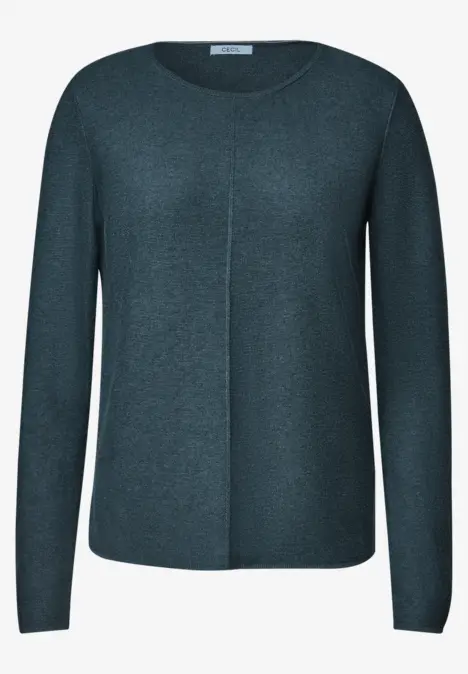 Pull fin tricot vert foncé à col rond, couture verticale sur le devant
