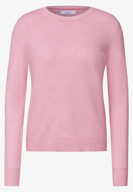 Un pull rose uni à col rond et manches longues.