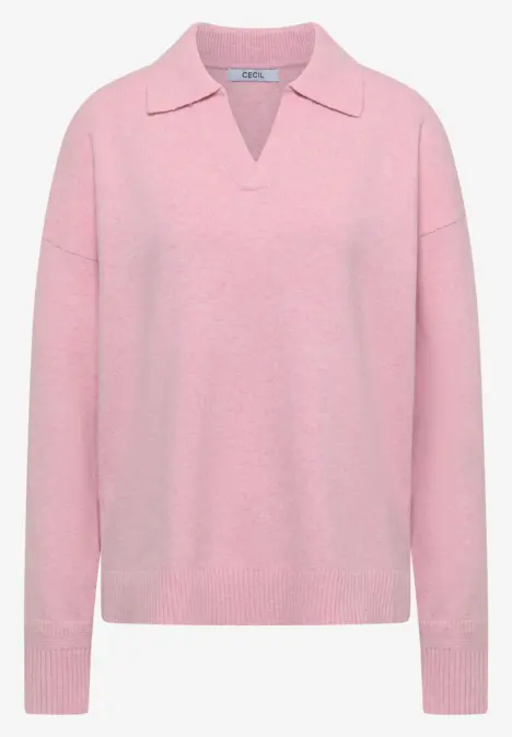 Pull rose à col chemise et encolure en V, manches longues