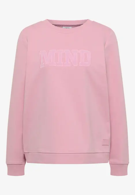 Sweat rose à col rond avec l'inscription blanche 'MIND' sur la poitrine.
