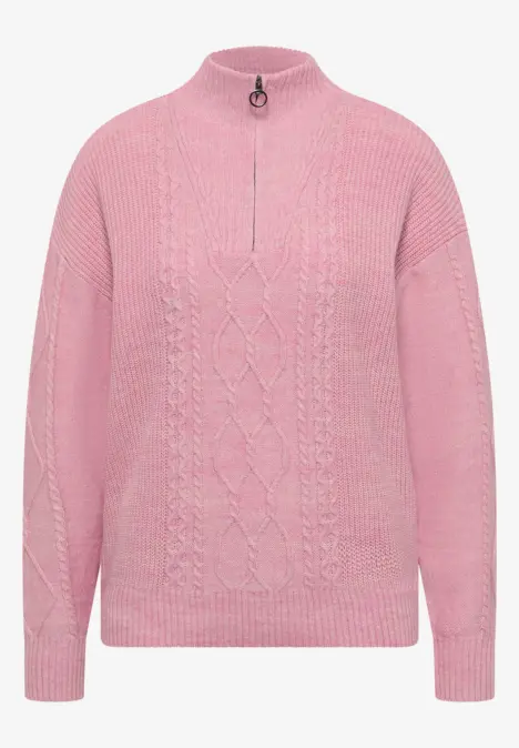 Pull en maille rose à col montant et motif torsadé