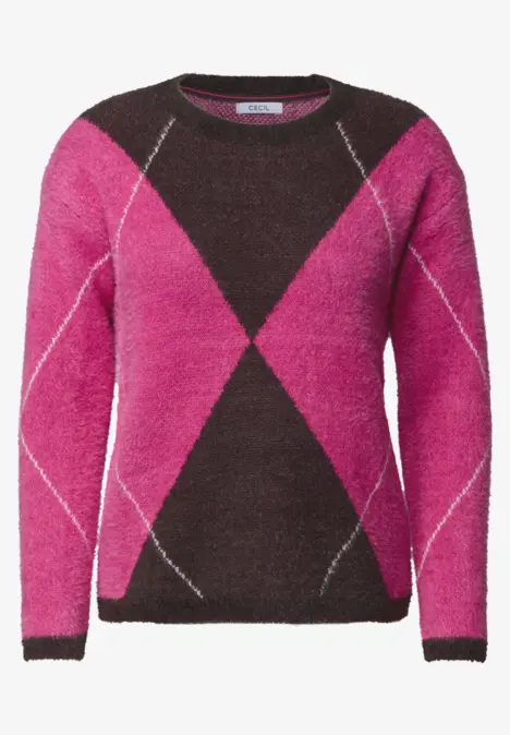 Damenpullover in Pink und Dunkelbraun mit Argyle-Muster, weich und langärmelig.