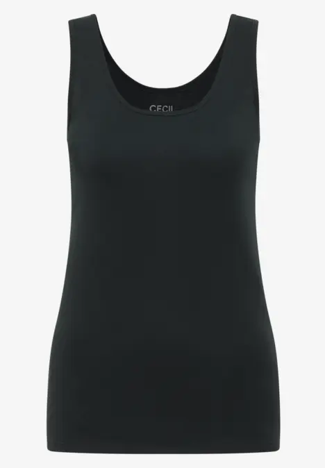 Schlichtes, ärmelloses schwarzes Tanktop mit rundem Ausschnitt und taillierter Passform.