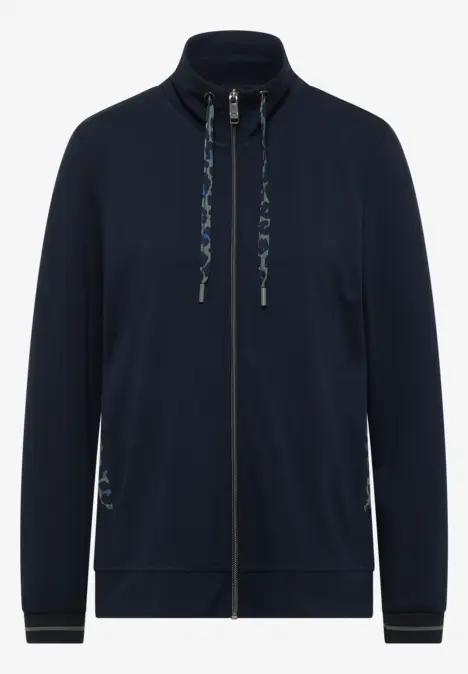 Dunkelblaue, leichte Jacke mit Reißverschluss und Stehkragen, seitlichen Eingrifftaschen und kontrastfarbigen Kordeln