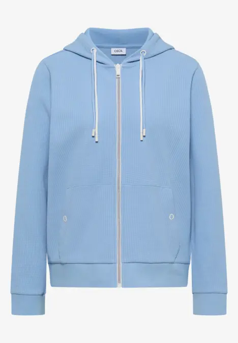 Hellblauer Kapuzenpullover mit Reißverschluss und Kängurutaschen.