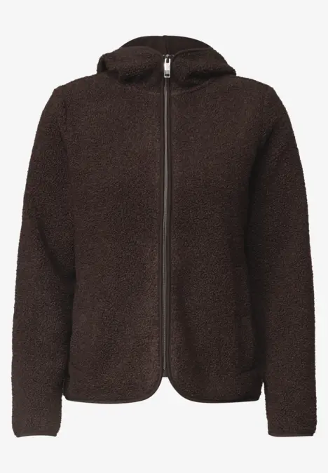 Dunkelbraune Teddy-Fleecejacke mit Kapuze und durchgehendem Reißverschluss.