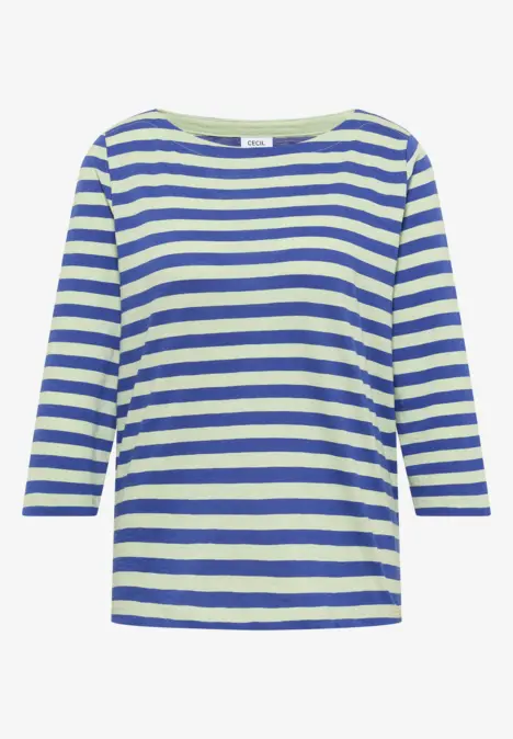 Haut femme rayé bleu et blanc, manches 3/4 et encolure large.