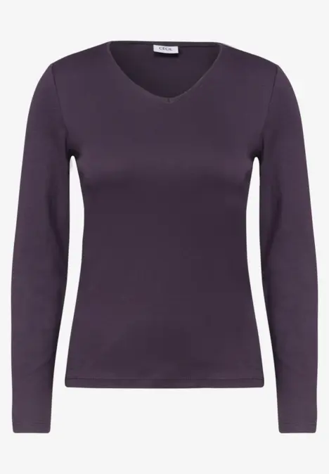 Un t-shirt femme violet à manches longues, col rond et coupe ajustée