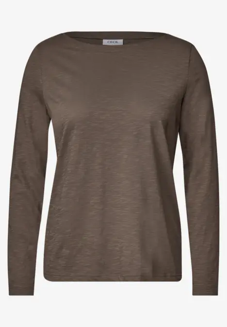 Braunes Langarmshirt mit Rundhalsausschnitt und schlichter, unifarbener Optik.