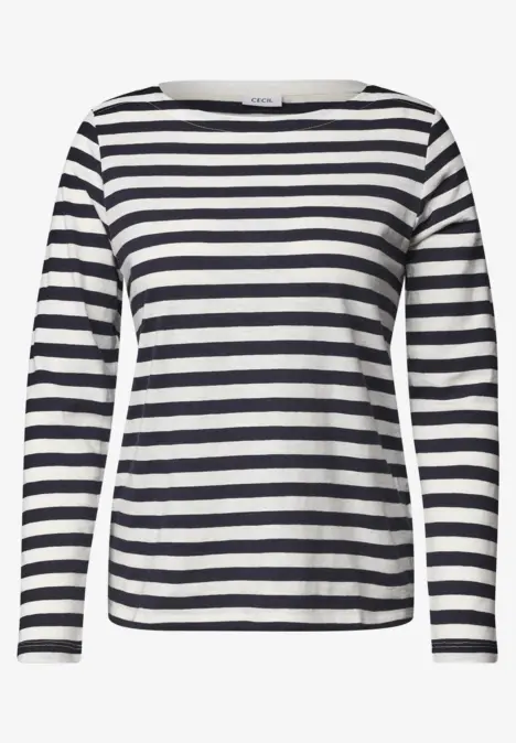 T-shirt à manches longues rayé noir et blanc, col rond.
