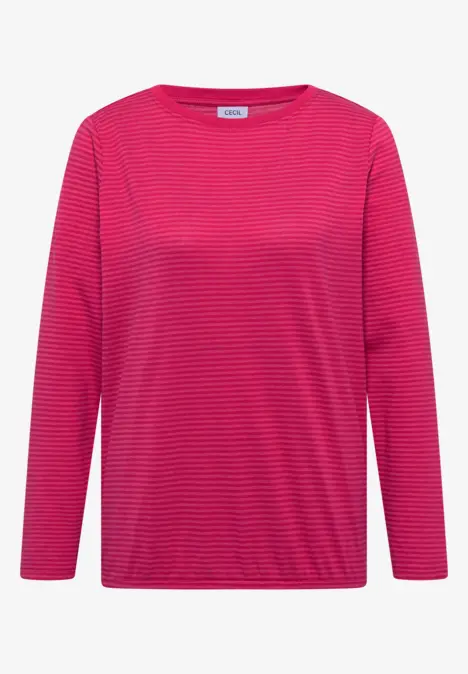 Langärmeliges, pinkes Shirt mit feinen horizontalen Streifen und Rundhalsausschnitt.