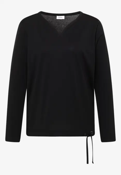 Schwarzes Langarmshirt mit V-Ausschnitt und seitlicher Kordel am Saum.
