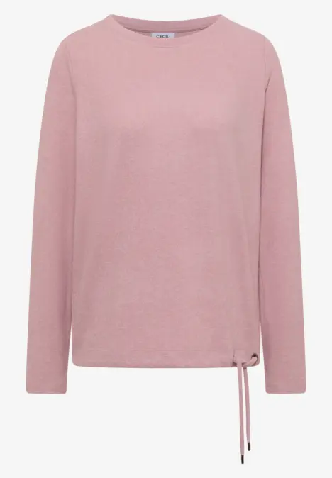 Pull rose à manches longues avec encolure ronde et cordon latéral à la taille.