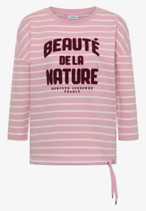 T-shirt rose et blanc à manches longues avec nœud latéral et inscription française