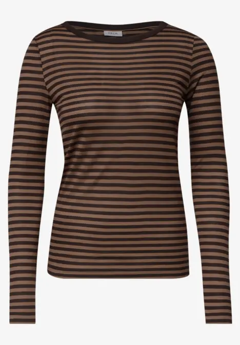 T-shirt à manches longues cintré à rayures marron et noires.