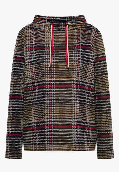 Kapuzensweater mit kariertem Muster in Beige, Schwarz und Rot, mit Kordelzug und legerem Schnitt.