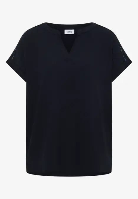 Schwarzes, kurzärmeliges Damen-Shirt mit V-Ausschnitt und lockerer Passform