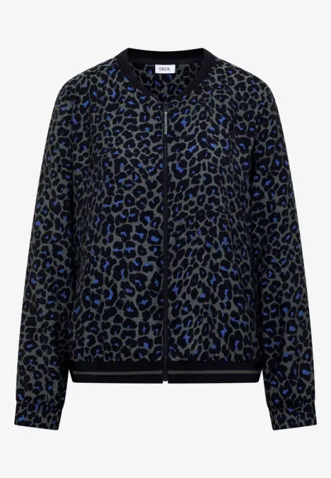 Schwarze Bomberjacke mit blauem Leopardenmuster, Knopfleiste und Rippbündchen an Kragen, Ärmeln und Saum