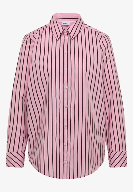 Chemise femme rose à rayures verticales bleu foncé, coupe chemisier avec fermeture boutonnée