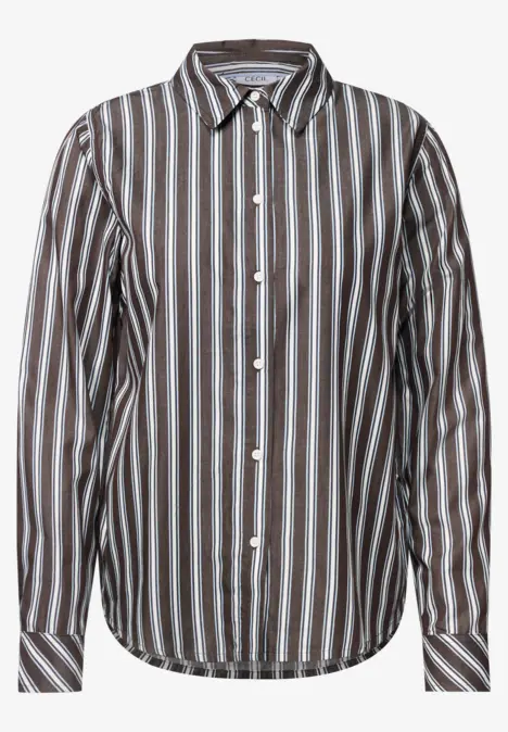 Chemise homme à manches longues avec rayures verticales marron et blanches et patte de boutonnage.