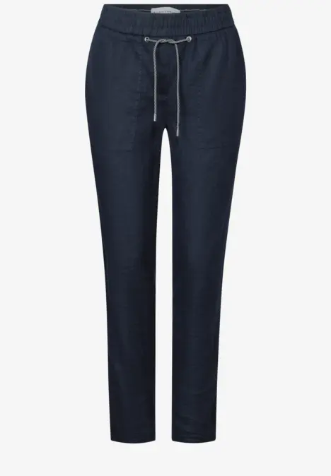 Dunkelblaue Hose mit Kordelzug und elastischem Bund.